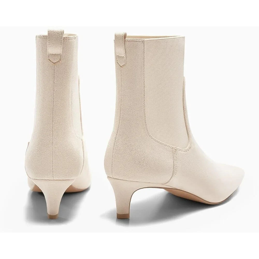 Women's Beige Ankle Low Kitten Heel Pointed Toe Slip On Dressy Winter Booties